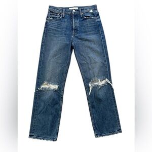 MOTHER High Rise Straight Crop Jeans Distressed Knee Blue Denim Stretch Size 27